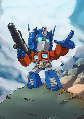 image of chibi Optimus Prime, holding his Ion cannon, and pointing.