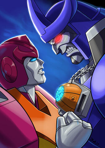 an homage to the Street Fighter Alpha cover art, featuring Hot Rod and Galvatron in the place of Ryu and Akuma