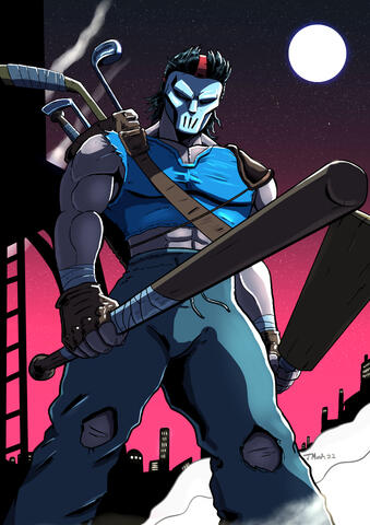 TMNT character Casey Jones, holding a baseball bat and cricket bat, on a New York rooftop