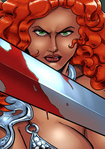 art depicting Red Sonja holding her sword towards the viewer