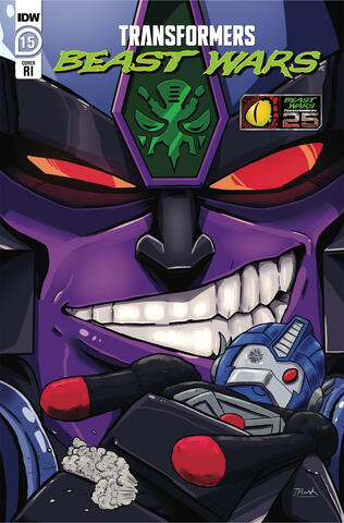 comic cover art for Beast Wars #15 showing Megatron squeezing the stuffing out of a plush Optimus Primal doll