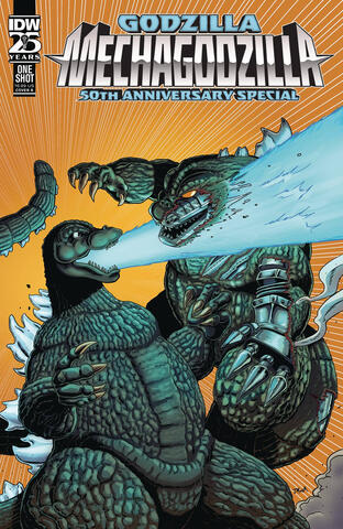 original art of my cover, featuring Godzilla fighting Fake Godzilla/Mechagodzilla